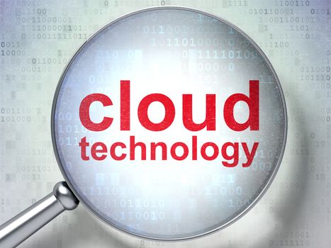 Cloud computing concept: magnifying optical glass with words Cloud Technology on digital background, 3D rendering