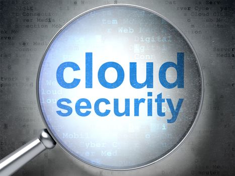 Cloud computing concept: magnifying optical glass with words Cloud Security on digital background, 3D rendering