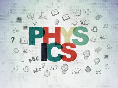 Studying concept: Painted multicolor text Physics on Digital Data Paper background with  Hand Drawn Education Icons