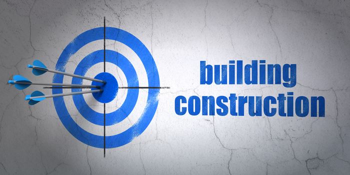 Success construction concept: arrows hitting the center of target, Blue Building Construction on wall background, 3D rendering