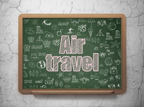 Travel concept: Chalk Pink text Air Travel on School board background with  Hand Drawn Vacation Icons, 3D Rendering