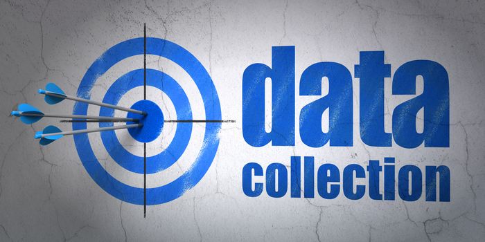 Success Data concept: arrows hitting the center of target, Blue Data Collection on wall background, 3D rendering