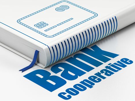 Money concept: closed book with Blue Credit Card icon and text Bank Cooperative on floor, white background, 3D rendering