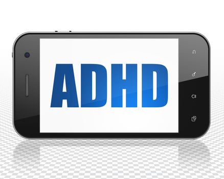 Medicine concept: Smartphone with blue text ADHD on display, 3D rendering