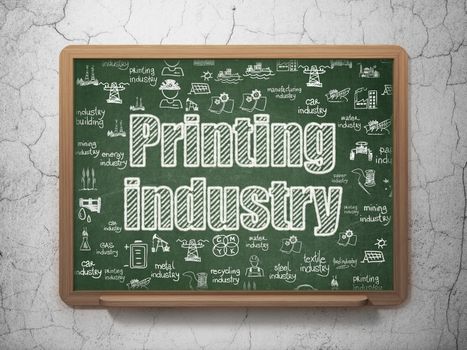 Manufacuring concept: Chalk White text Printing Industry on School board background with  Hand Drawn Industry Icons, 3D Rendering