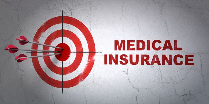 Success Insurance concept: arrows hitting the center of target, Red Medical Insurance on wall background, 3D rendering