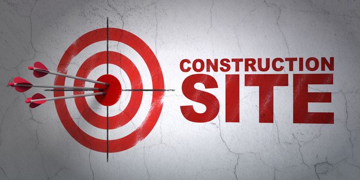 Success construction concept: arrows hitting the center of target, Red Construction Site on wall background, 3D rendering