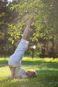 Beautiful mature woman practice yoga in summer park