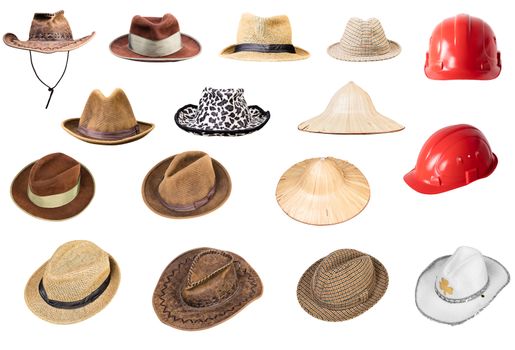 Many different headdresses on white isolated background