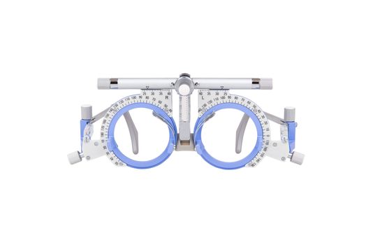 Closeup of eye test glasses on white background