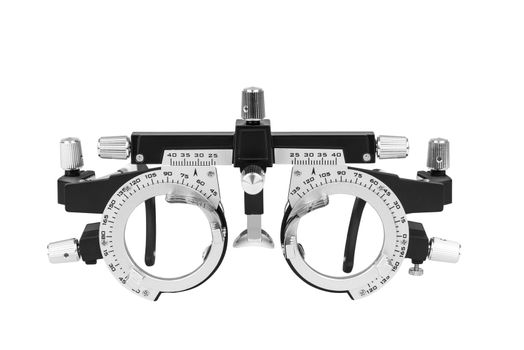 Closeup of eye test glasses on white background