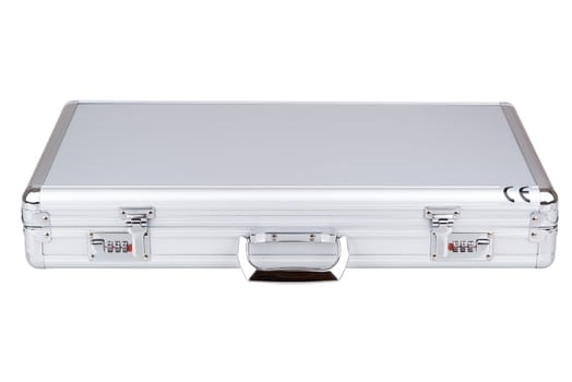 Suitcase with ophthalmological equipment on white background