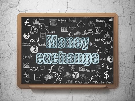 Banking concept: Chalk Blue text Money Exchange on School board background with  Hand Drawn Finance Icons, 3D Rendering