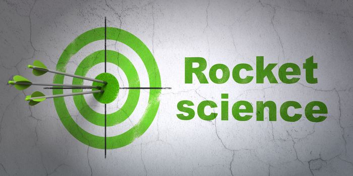 Success Science concept: arrows hitting the center of target, Green Rocket Science on wall background, 3D rendering