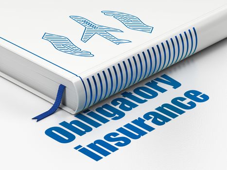 Insurance concept: closed book with Blue Airplane And Palm icon and text Obligatory Insurance on floor, white background, 3D rendering