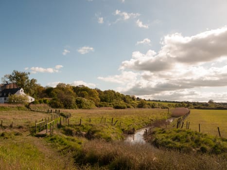 a beautiful countryside scene with small stream and lush vibrant colours