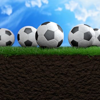 Football or soccer balls on the grass 3d illustration