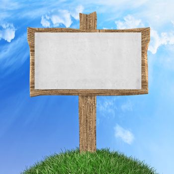 Wooden sign in grass park or garden 3d illustration