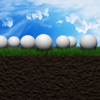 Golf balls on a green grass field 3d illustration