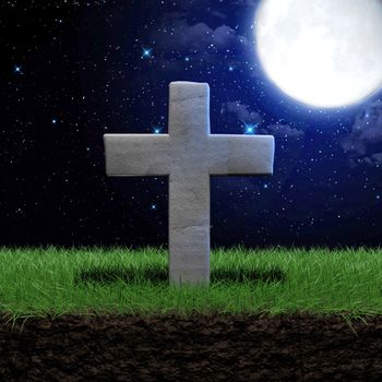 Tombstone on a grass field at night with full moon 3d illustration