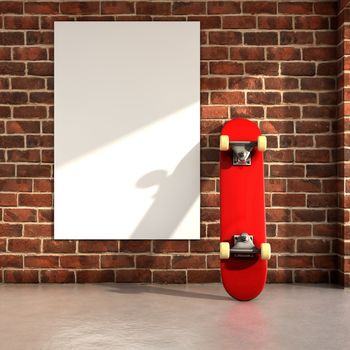 Skateboard on room with a white frame on wall 3d illustration