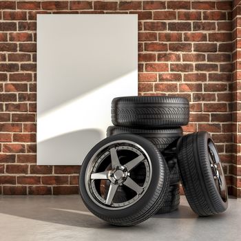 Several tires inside a garage 3d illustration