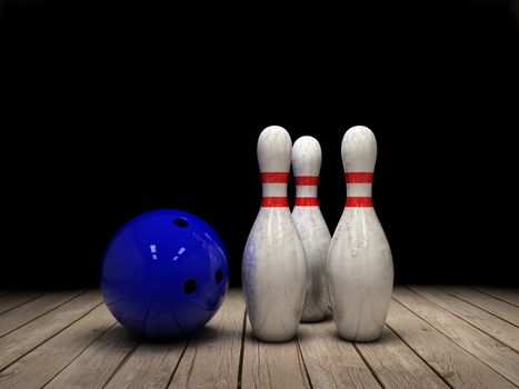 Bowling ball and pins background 3d illustration