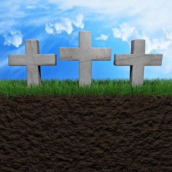 Three tombstones on a grass field background 3d illustration