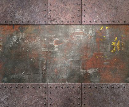 Metal texture with plates and rivets background 3d illustration