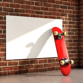 Skateboard on room with a white frame on wall 3d illustration