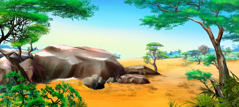 African landscape with blue sky and big stones in a Summer Day. Digital Painting Background, Illustration in cartoon style character.