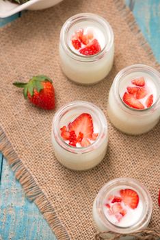 Strawberry Yoghurt. Healthy food with Strawberries and yoghurt breakfast on table.