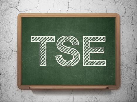 Stock market indexes concept: text TSE on Green chalkboard on grunge wall background, 3D rendering