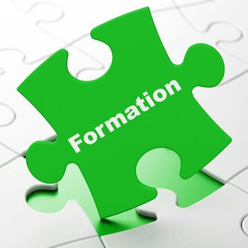 Learning concept: Formation on Green puzzle pieces background, 3D rendering