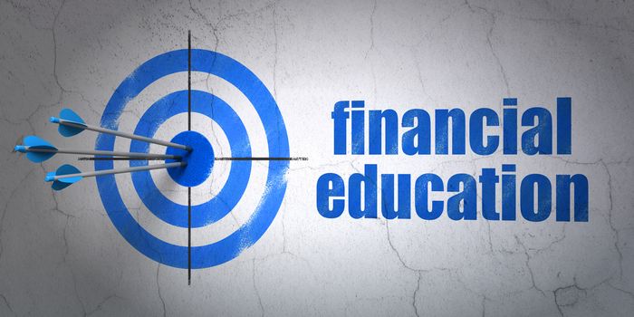 Success Learning concept: arrows hitting the center of target, Blue Financial Education on wall background, 3D rendering