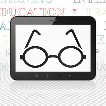 Learning concept: Tablet Computer with  black Glasses icon on display,  Tag Cloud background, 3D rendering