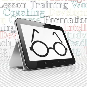 Learning concept: Tablet Computer with  black Glasses icon on display,  Tag Cloud background, 3D rendering