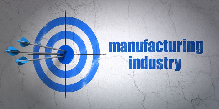 Success Industry concept: arrows hitting the center of target, Blue Manufacturing Industry on wall background, 3D rendering