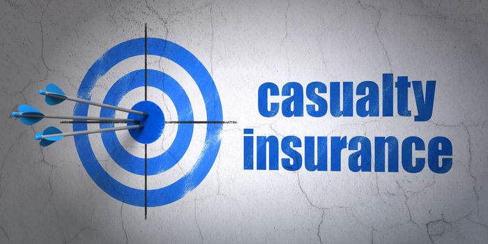 Success Insurance concept: arrows hitting the center of target, Blue Casualty Insurance on wall background, 3D rendering
