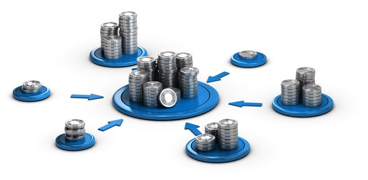 Stacks of generic coins over white background with blue arrows pointing the highest pile. Conceptual 3D illustration for money investment or collaborative finance.