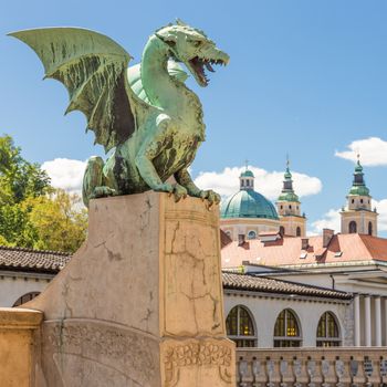 Famous Dragon bridge or Zmajski most, symbol of Ljubljana, capital of Slovenia, Europe.