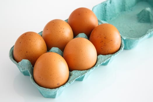 View of opened box of chicken eggs for market place