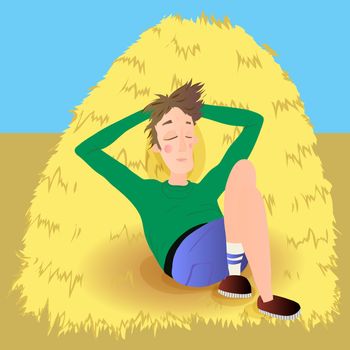 Farmer in agreen jumpsuit, lies on haystack. Vector illustration