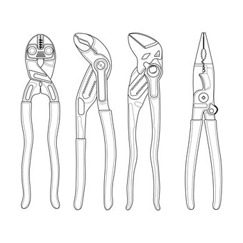 icons of pipe wrench, nippers tool, pliers