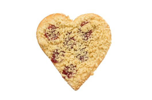 Streusel or crumble heart with jam, isolated on white