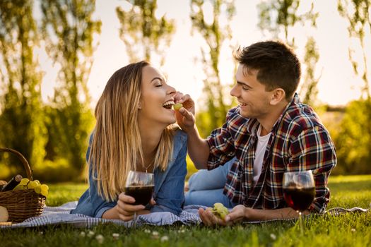 Shot of a happy couple enjoying a day in the park making a picnic