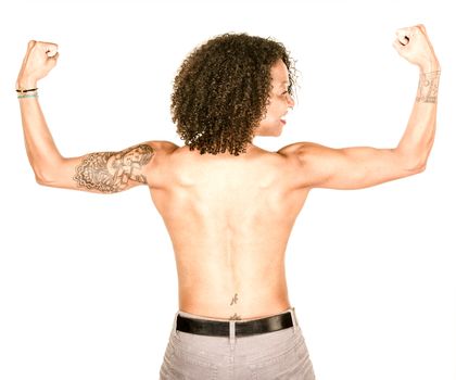 Strong African American woman from behind flexing and smiling with no shirt