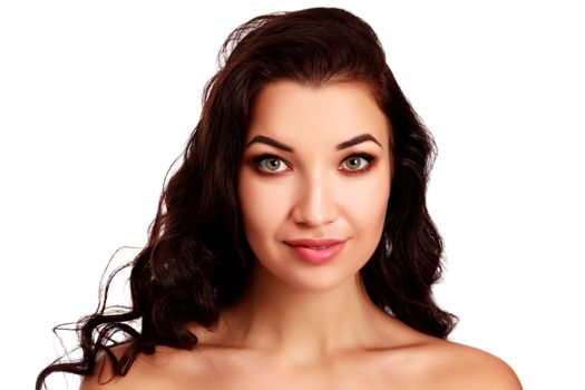 Portrait of beautiful brunette woman on white background, isolated