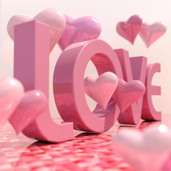 Realistic Love Sign with Hearts, 3d Love Lettering Greeting Card, Valentines Day Background, Festive Banner and Poster, Passion Celebration Pink Texture, Wedding Invitation, Marriage Background