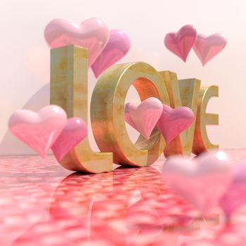 Realistic Love Sign with Hearts, 3d Love Lettering Greeting Card, Valentines Day Background, Festive Banner and Poster, Passion Celebration Pink Texture, Wedding Invitation, Marriage Background